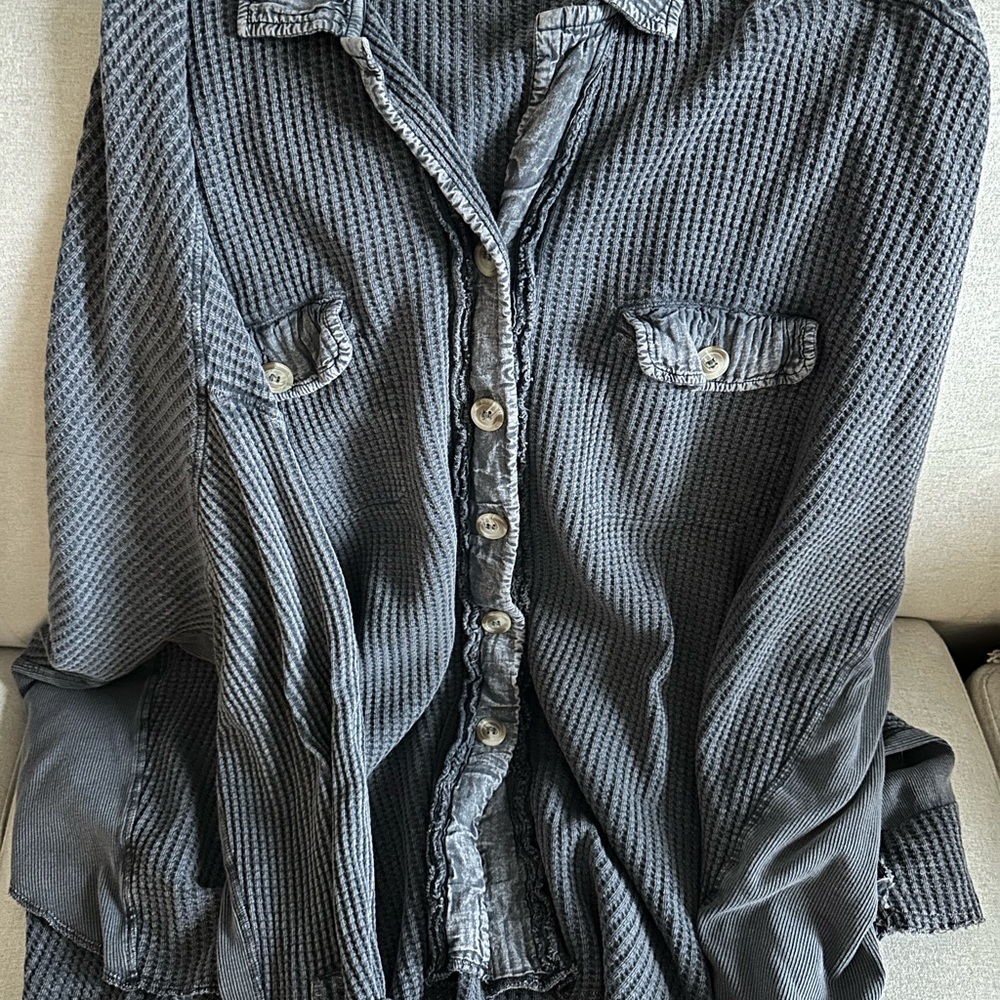 Free People One Scout Navy Blue Textured Button-Up Shirt / Jacket